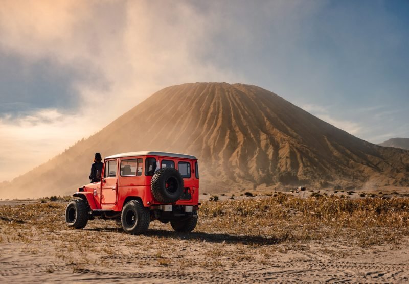 4x4 car service for tourist on desert at Bromo Mountain, Mount Bromo is one of the most visited tourist attractions in Java, Indonesia