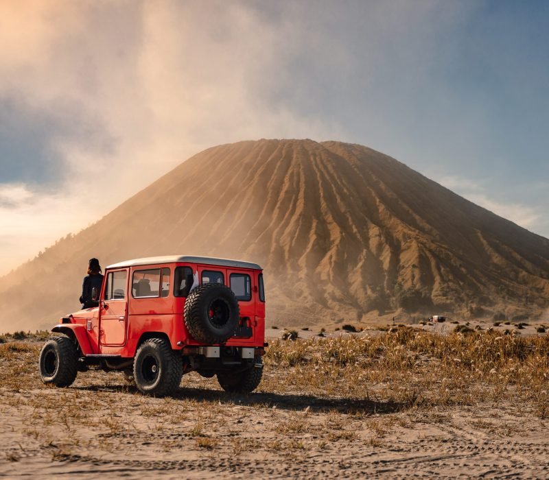 4x4 car service for tourist on desert at Bromo Mountain, Mount Bromo is one of the most visited tourist attractions in Java, Indonesia